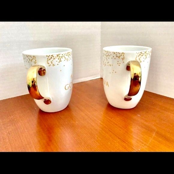 GODIVA Chocolatier Gold Handle FINE PORCELAIN Coffee Mugs Cup Set of 2 - Picture 4 of 7